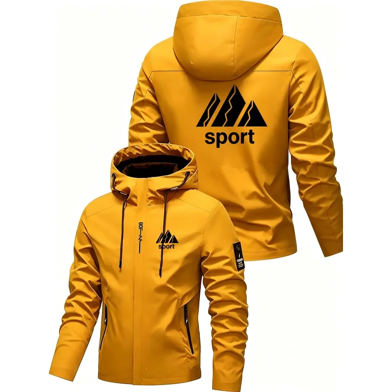 Outdoor sports style mountain logo men's jacket spring and autumn windproof hooded hiking multi-functional jacket