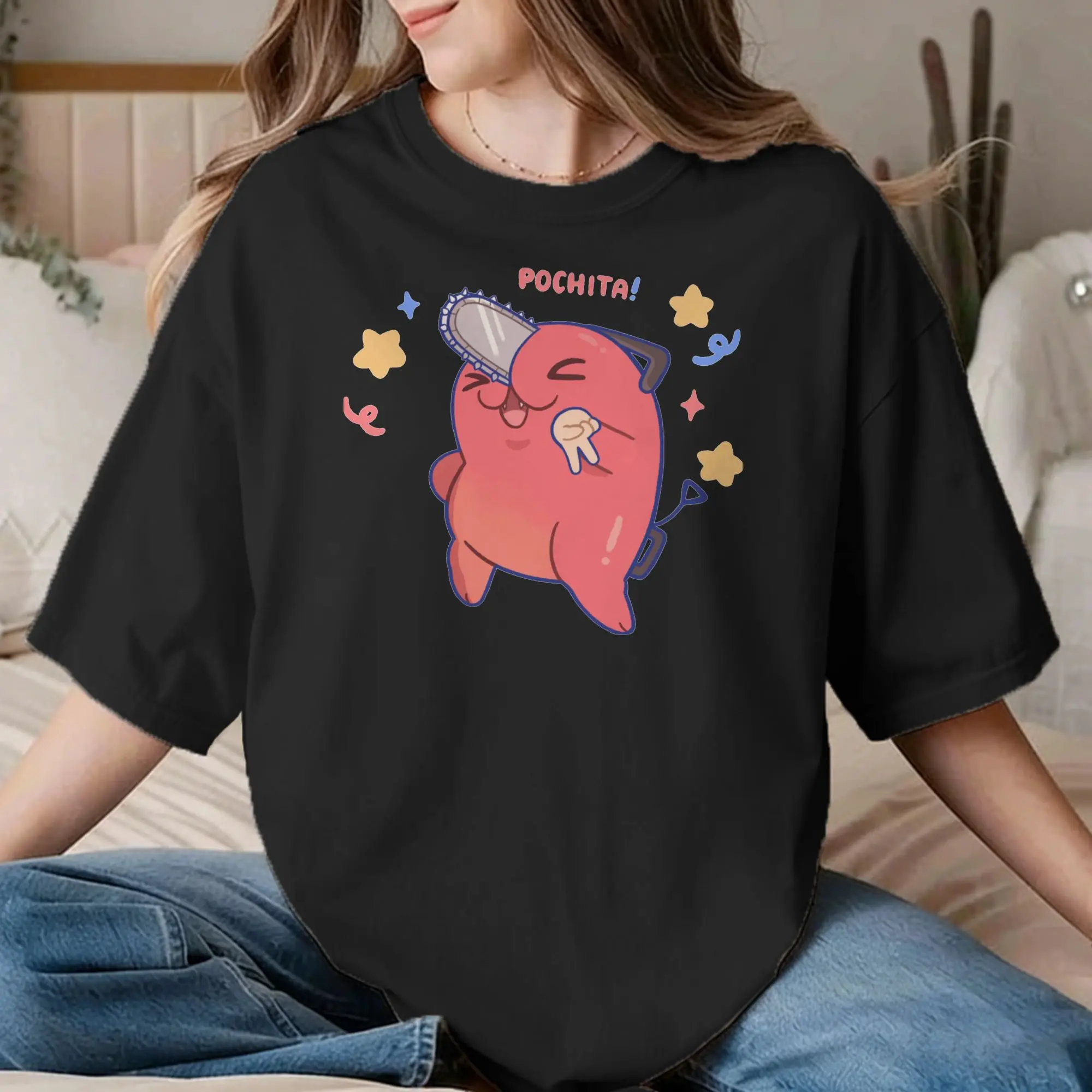 Camiseta humorística Pochita Chainsawmans para homens e mulheres, gola redonda, algodão puro, camisetas de manga, anime, roupas plus size