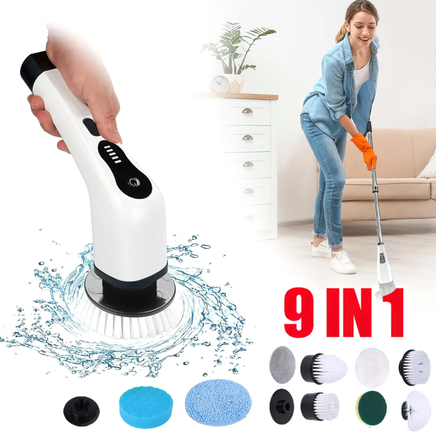 9-in-1 Elektrisches Reinigungsbürsten-Set mit LED-Digitalanzeige – Austauschbare Bürstenköpfe für Boden, Möbel, Bad & Küche |   Kabelloser Elektroschrubber für Gründliche Haushaltsreinigung |   Leicht