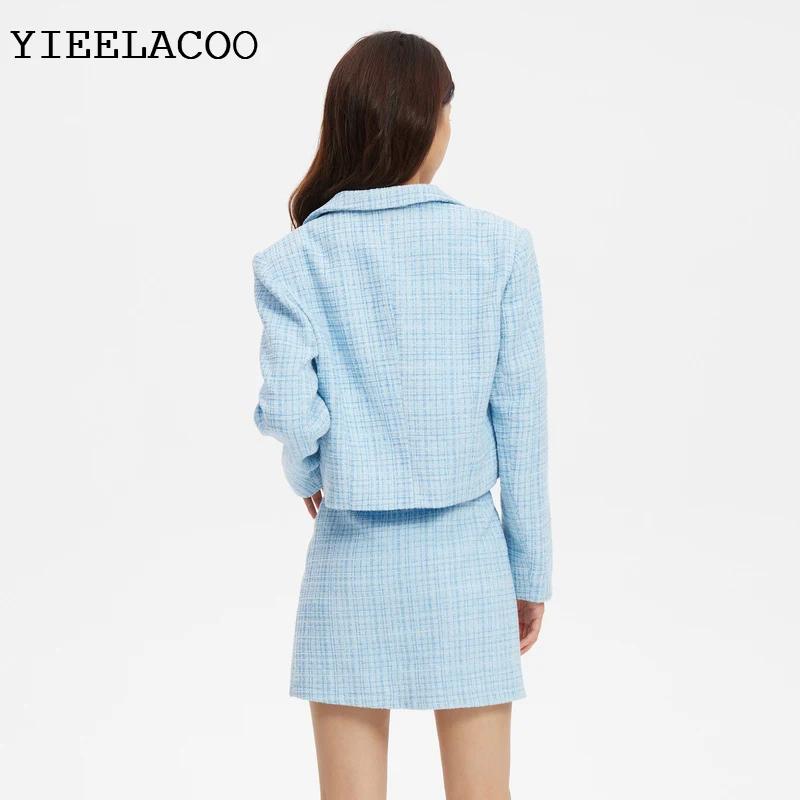 Blue Tweed jacket + Skirt Suit  Professional Set fringed  long-sleeved jacket  Women's  Coat Autumn/Winter 2-Piece Set