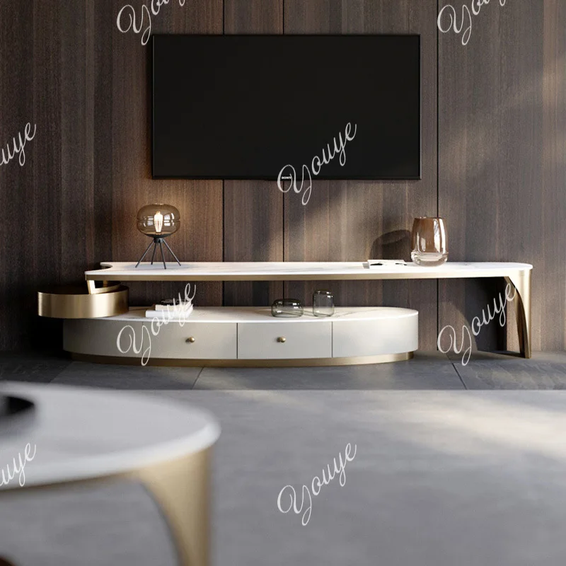 

Italian light luxury TV cabinet combination high-end living room modern simple rock slab letter retractable floor cabinet