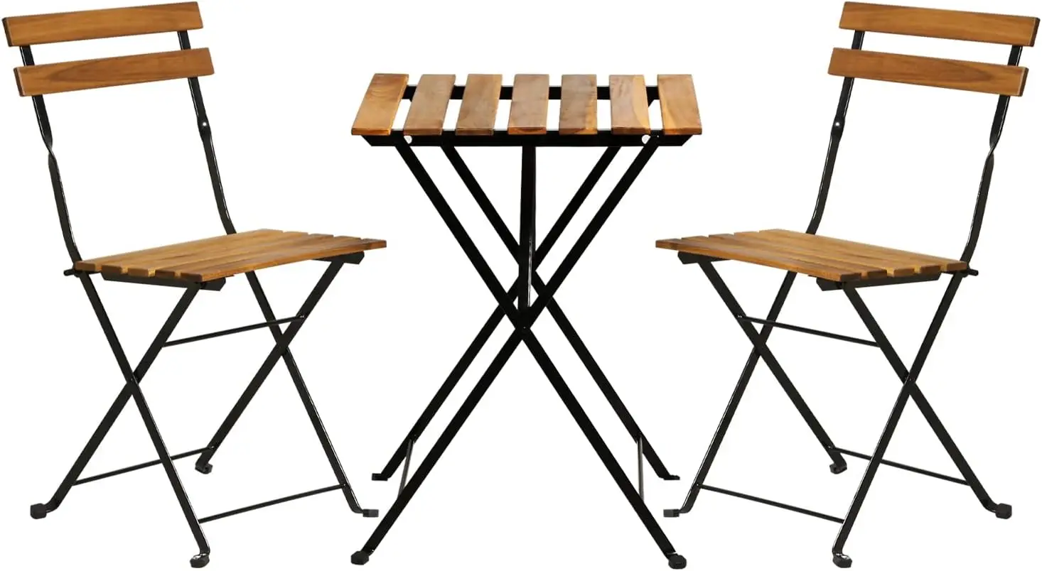Natural wood 3-piece folding patio bistro set including one table and two foldable chairs, space-saving small outdoor furniture for apartment, lawn, balcony and backyard daily rest