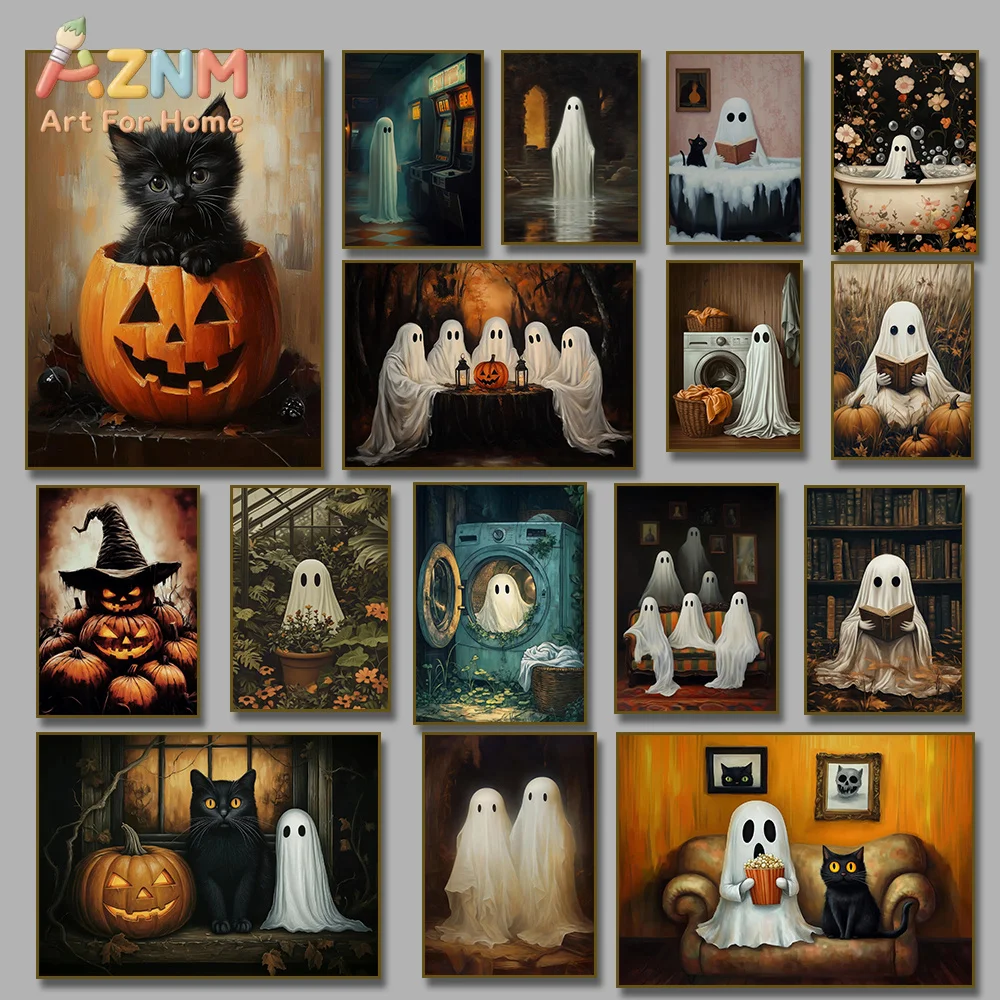 AZNM Cute Ghost Halloween Canvas Wall Art Black Cat Pumpkin Spooky Funny Vintage Oil Painting Style Unframed Canvas Home Decor P