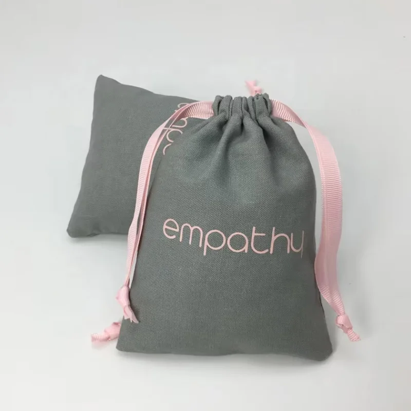 Gray Cotton Gift Bags Pink Ribbon Logo 8x10cm 10x15cm 13x17cm 50pcs/Lot Jewelry Muslin Dust Sack