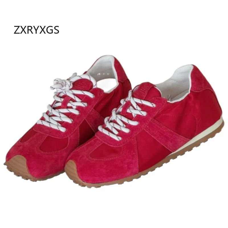 ZXRYXGS Matte Cowhide + Cloth Mixed Colors Women Fashion Casual Sneakers Flat Inside Increase Soft Comfortable Women Trend Shoes