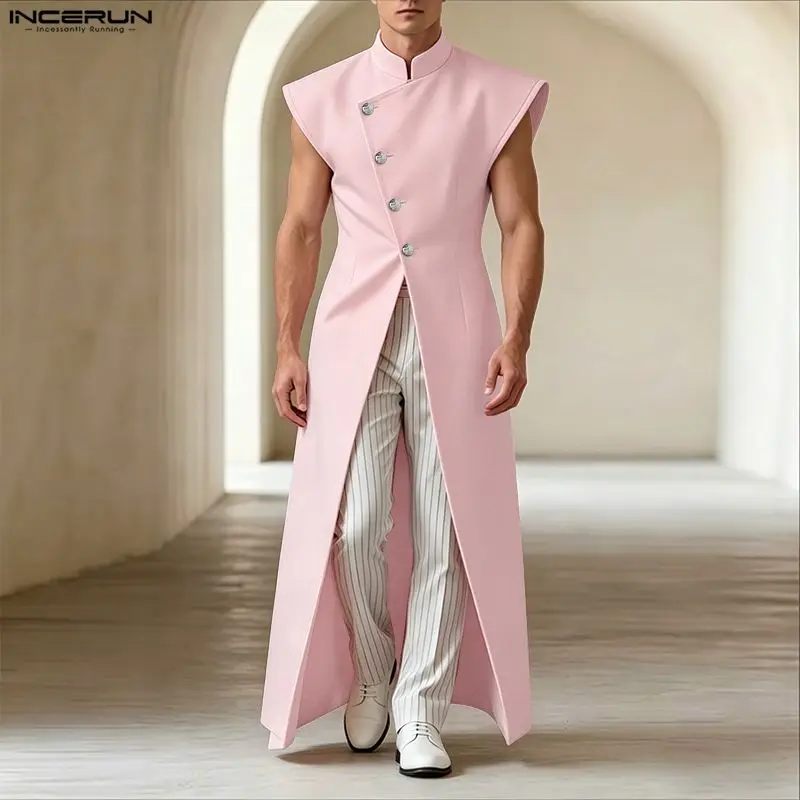 INCERUN Men's Long Style Shirt Solid Color Stand Collar Sleeveless Male Tops Cardigan Streetwear 2026 Fashion Casual Men Clothes