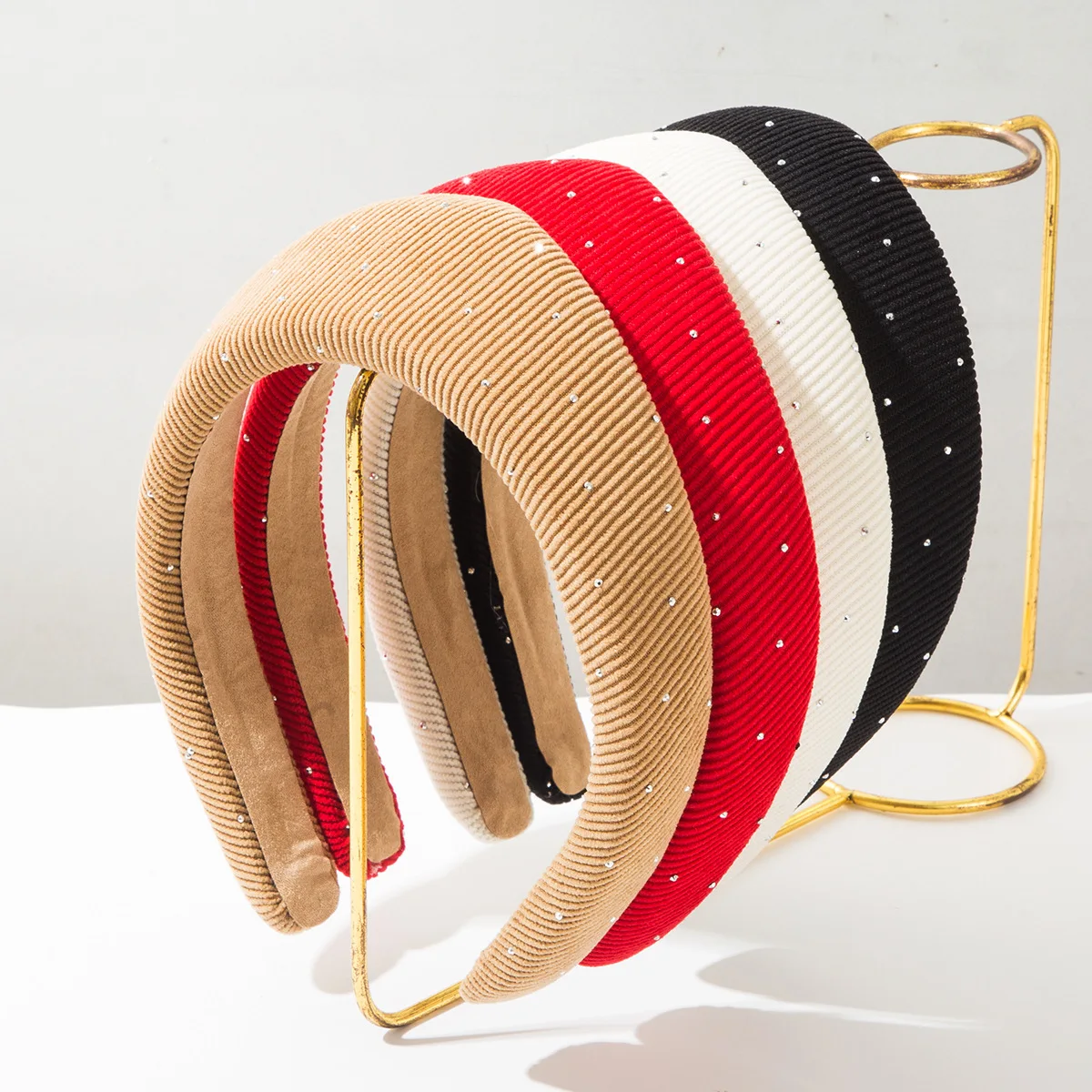 Korea Soft Corduroy Padded Crown Headband For Women Shiny Rhinestone Beading Hair Band Solid Color Royal Crown Flannel Headdress