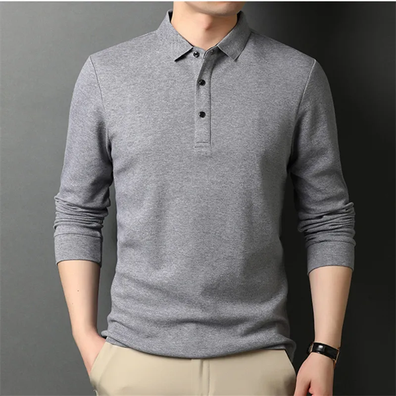 

New Polo Shirt Men Business Casual Solid Color Polo Shirts Mens Long Sleeve Breathable Slim Turn Down Collar Polo Tees Tops Men