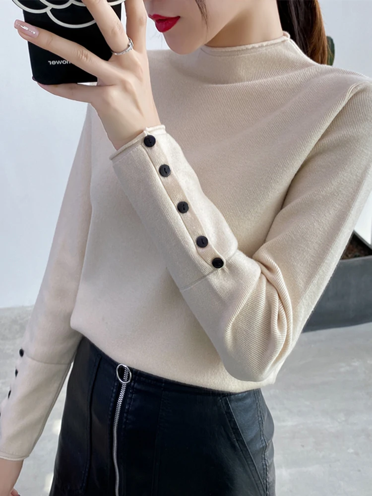 Suéter de punto para mujer, Jersey grueso de manga larga con cuello alto y botones, suave y cálido, otoño e invierno, 2024