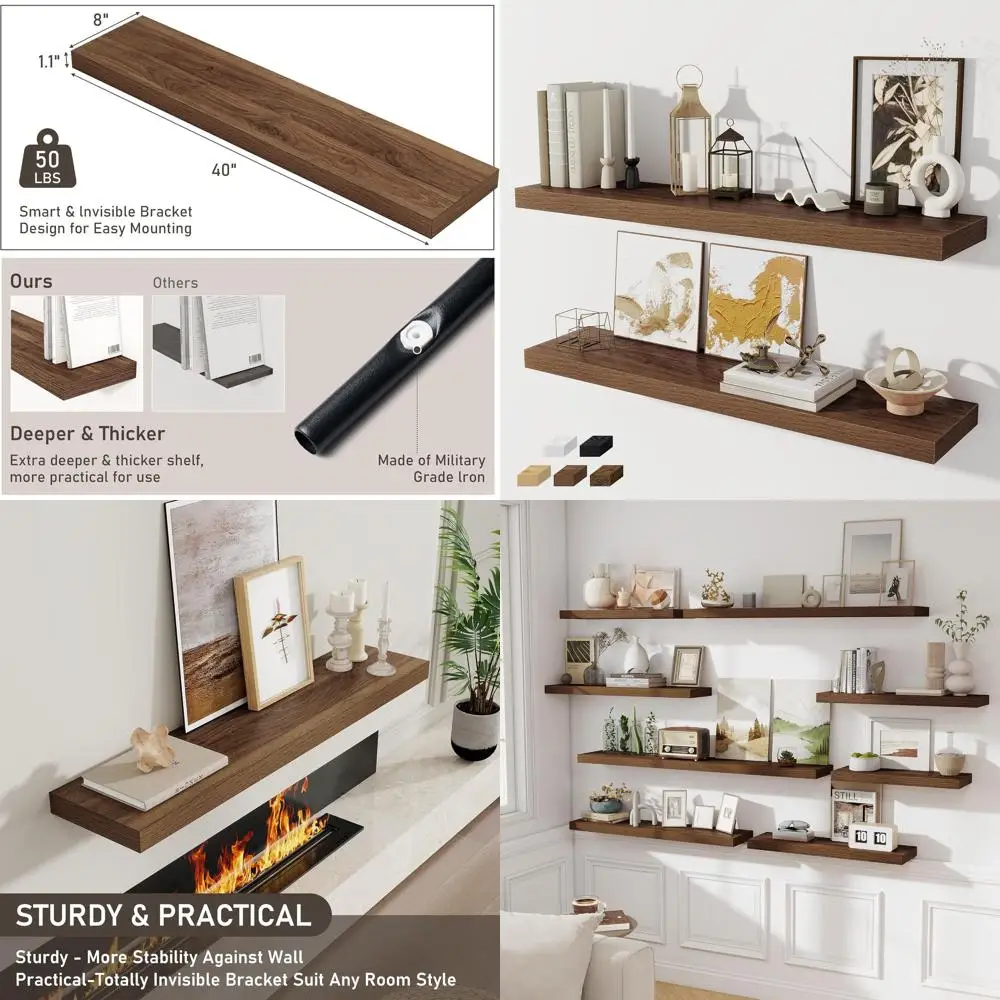 

2-Pack 8 Deep Walnut Floating Shelves - Wall Mounted for Books, Bathroom, Living Room, and Kitchen Décor