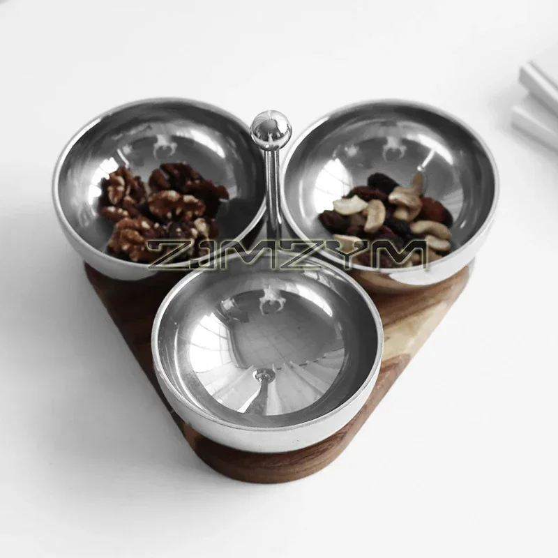Triangle Nut Snack Bowl Stainless Steel Dim Sum Pallet KTV Party Living Room Melon Seed Storage Bowl With Solid Wood Base Handle