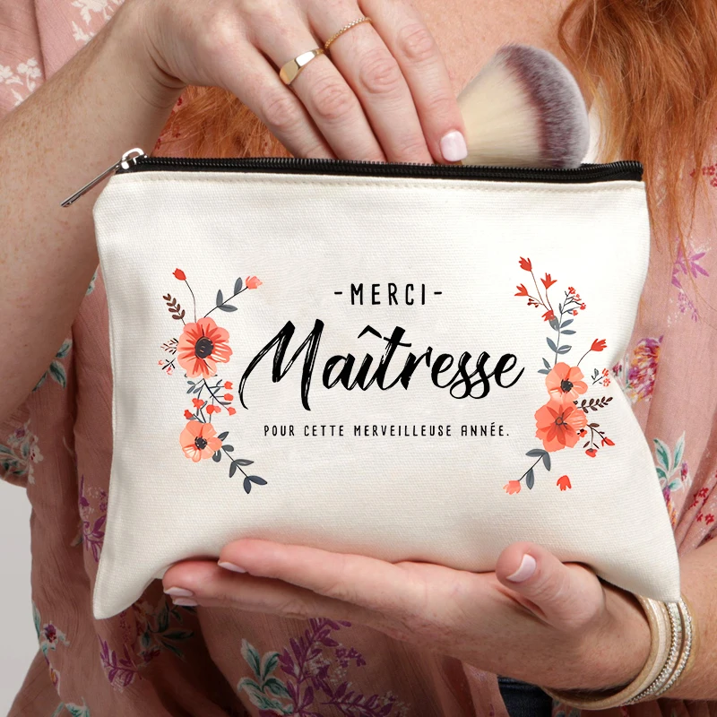Floral Merci Maîtresse Print Makeup Bag Maitresse École Remerciement Cosmetic Case French Inspired Gift for Teacher Appreciation