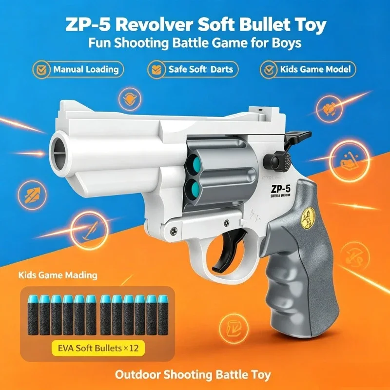 2026 new Kids ZP-5 Revolver Soft Bullet Toy Blaster Model Manual Loading Shooting Battle Game Toy for Boys