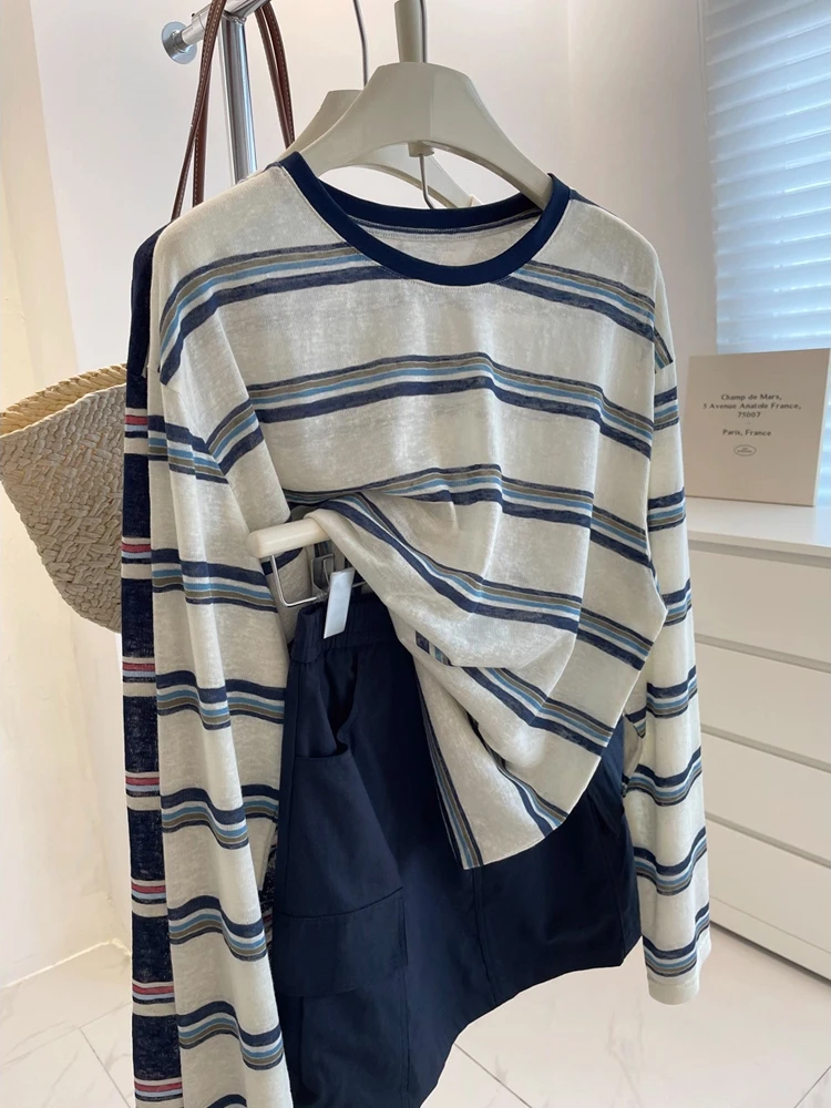 

Retro Color Blo Striped Long Sve round Ne T-irt Women's Loose Casual Sun Protection Cover up Design Sense Top