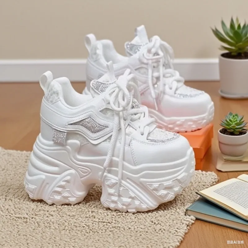 Women's Solid Rhinestone Mesh Platform Dad Sneakers Extra Thick Serrated Lug Sole Height   Street Dating Daily Casual Shoes