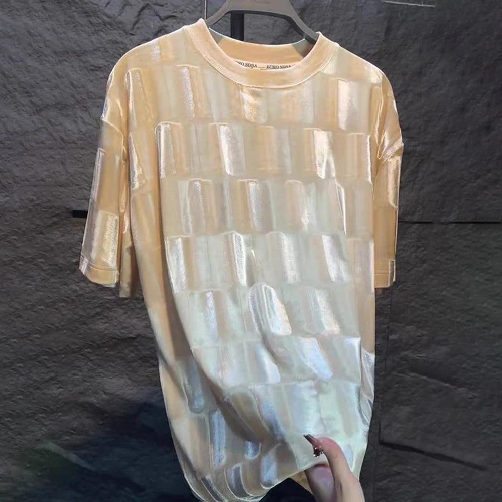 Mens Velvet Outer Layer Glossy Designer T Shirt Summer Streetwear Fashion Nightclub Stage Casual Short Sleeve Top Men's Clothing
