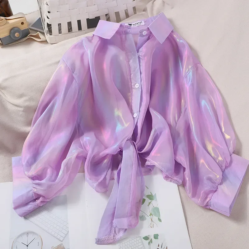 Top Buttoned Up Shirts Women Half Sleeve Shining Sparkles Tied Waist Sexy Chiffon Blouses Shirts For Women 2023 Summer Autumn