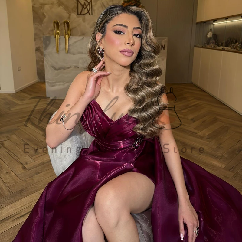 Thinyfull Saudi Arabia A-Line Prom Evening Dresses Sweetheart Crystal Side Slit Party Dress Women Cocktail Prom Gowns Customized