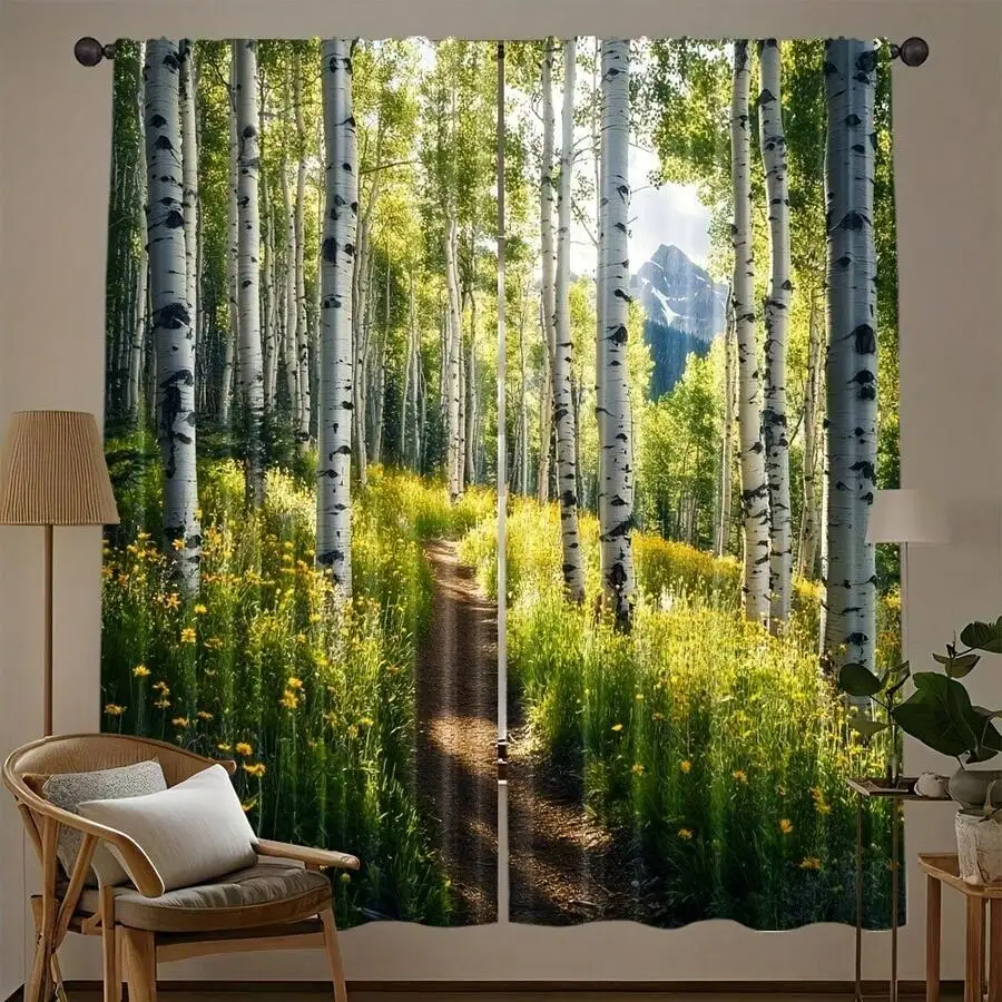 2pcs Birch Forest Path Printed Thermal Insulating Blackout Curtains With Rod Pocket For Living Room Bedroom