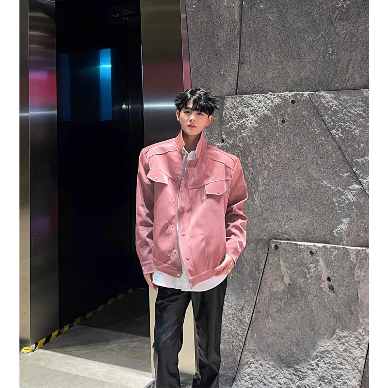 

Pink American Short Jacket Men's Trendy High-End Feeling Knife Jacket Hip Hop Bright Surface Leather Coat