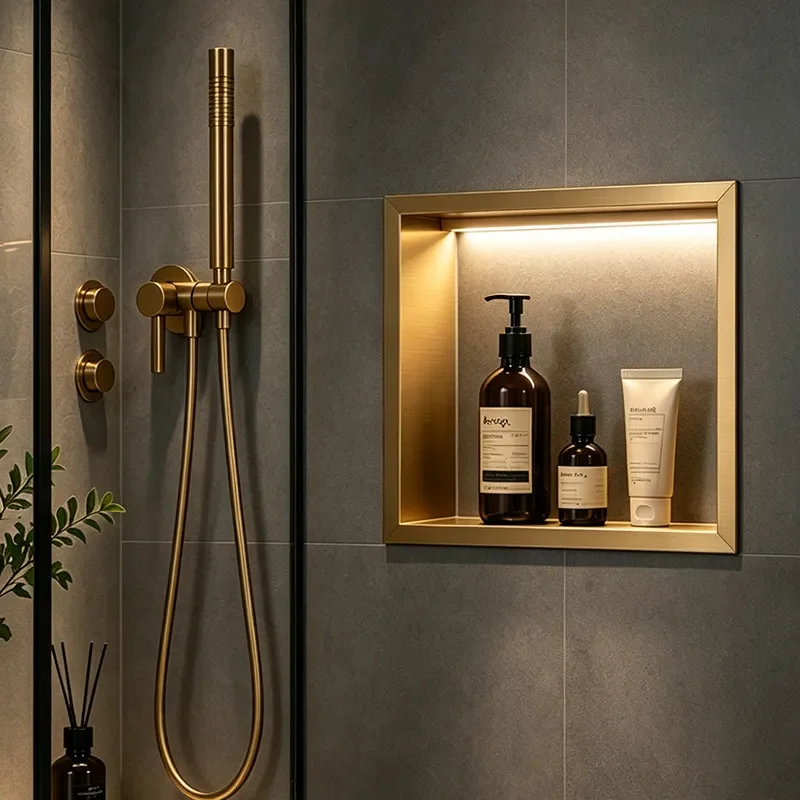 304 Stainless Steel Bathroom Niche with LED Light Square Wall Recessed Shelf for Shower Storage Waterproof Rustproof Modern