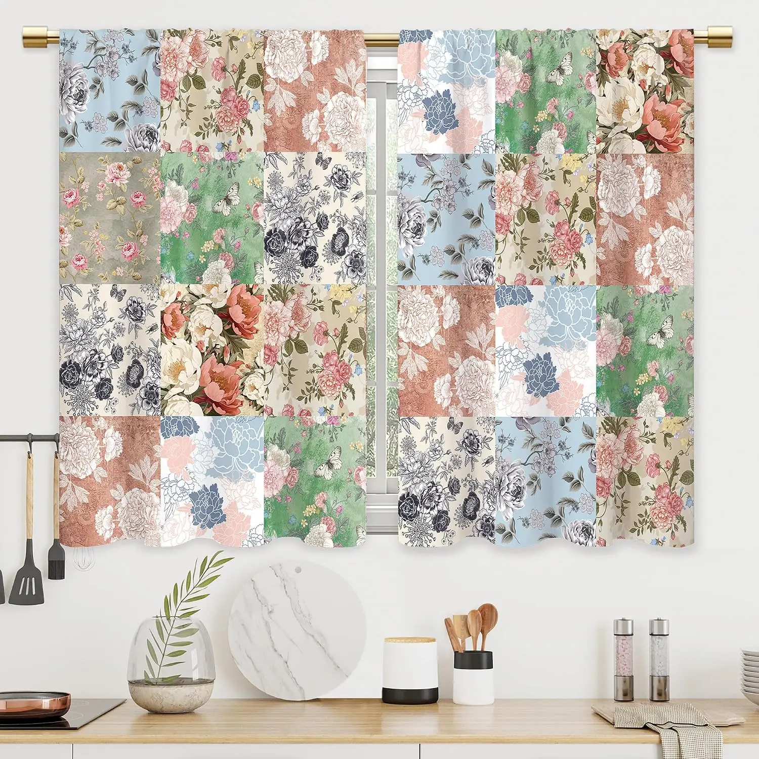 Pastel Square Floral Stitch Splicing Blackout Rod Pocket Curtain Mixed Peony Rose Print Soft Country Homestay Bedroom Rest Bay