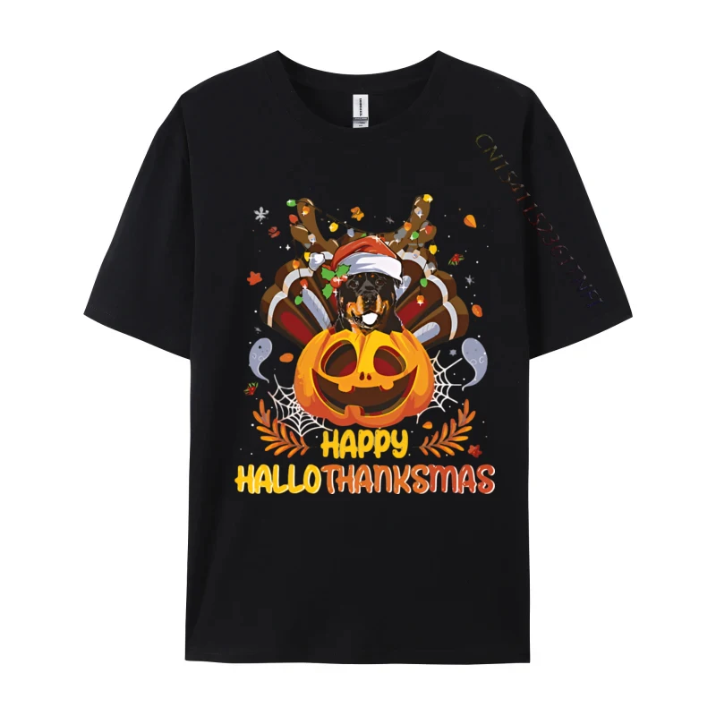 Rottweiler Happy Hallo Thanksmas Halloween T-shirt Vintage Cheerful Cotton T-shirts Blue And White Graphic T Shirts