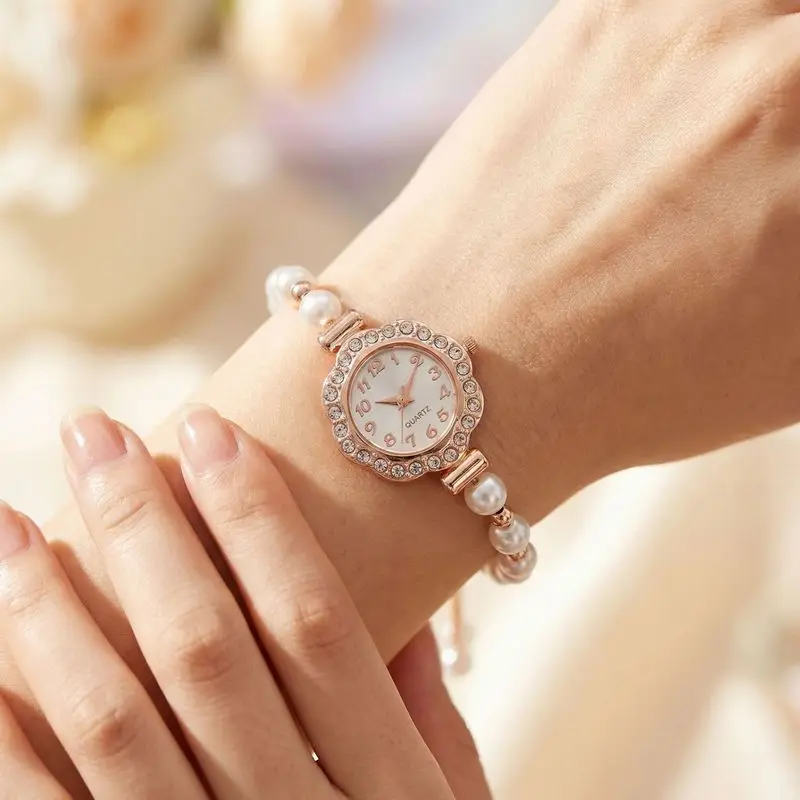 Light Luxury Women's Quartz Watch with Diamond Accents and Genuine Pearl Dial Adjustable Retractable Band Stylish Elegant Female
