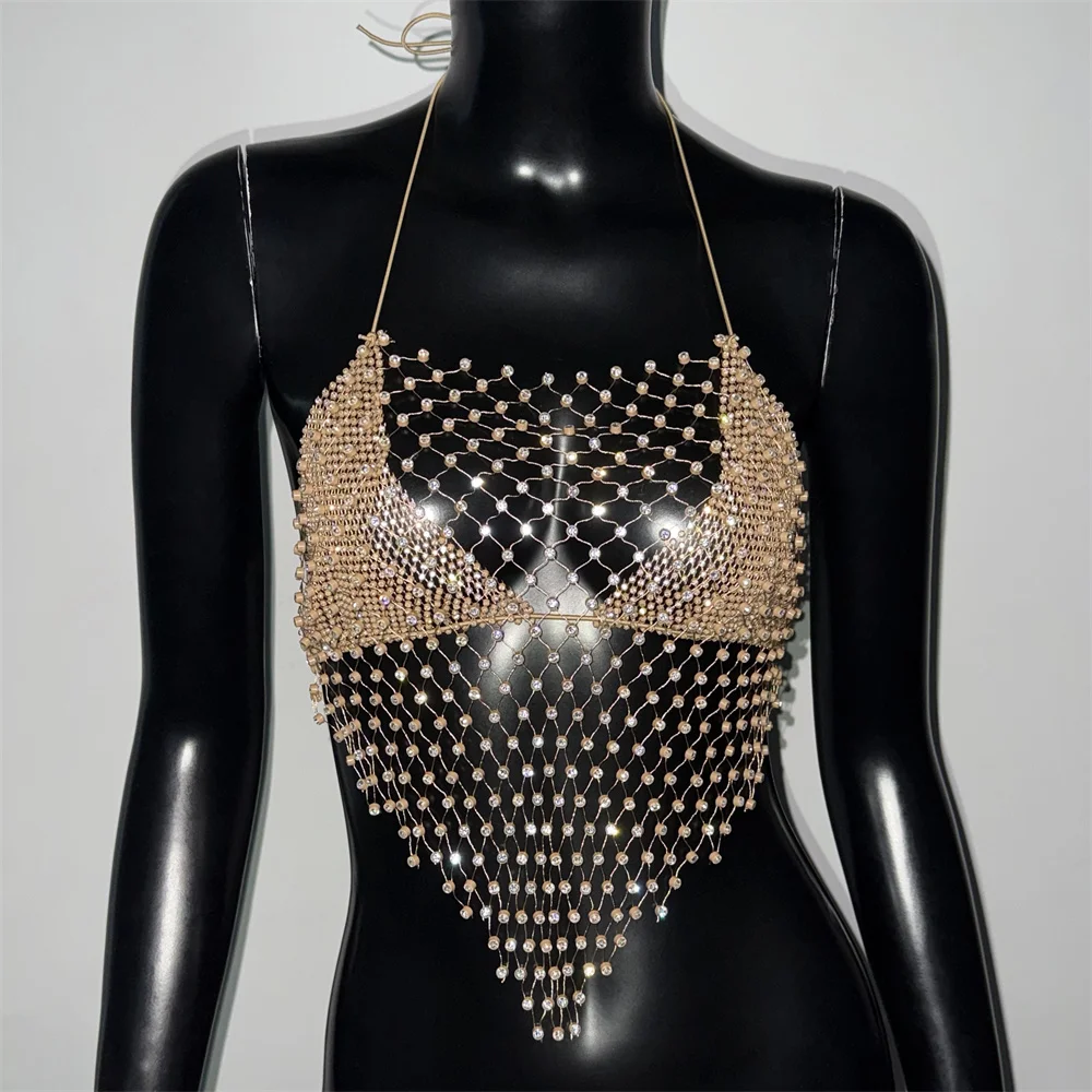 Shiny Rhinestone Fishnet Tank Top For Women Sexy Hollow Transparent Mesh Backless Halter Neck Camisole Rave Music Festival Tops