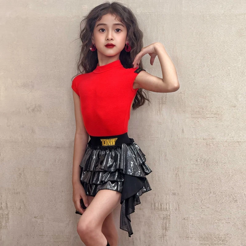 패션 소녀 라틴 댄스 의상 레드 라틴 탑 레이저 스커트 어린이 삼바 룸바 볼룸 댄스 대회 드레스 SL12599
