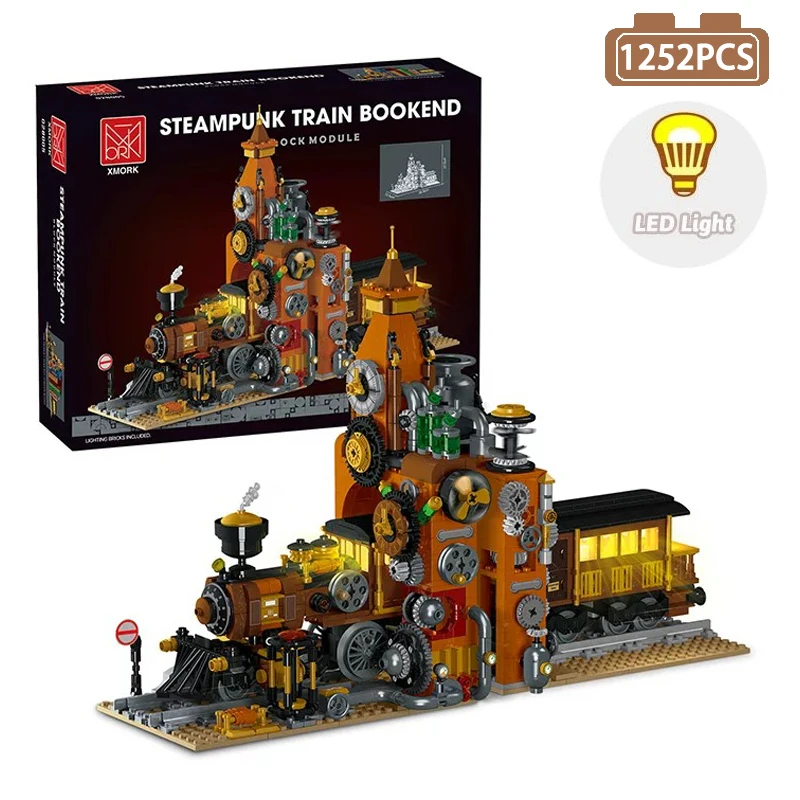 MOC Street View Steampunk Train Building Blocks City Urban Trains Bookends Model Bricks Toys For Kid Birthday Gift With LED