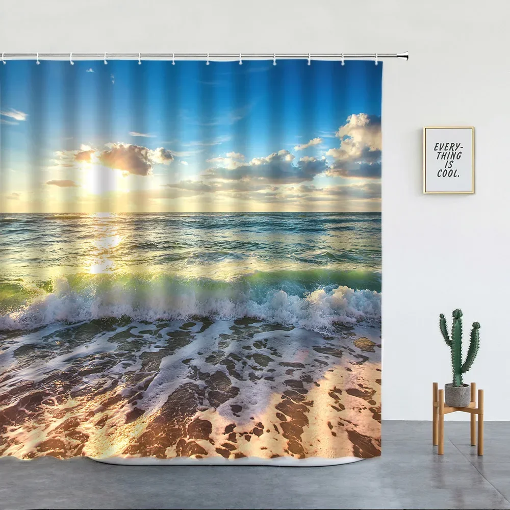 Island Palm Trees Ocean Beach Shower Curtain Vacation Hawaii Scenery Summer polyester Fabric Bathroom Decor Curtains Sets Hooks