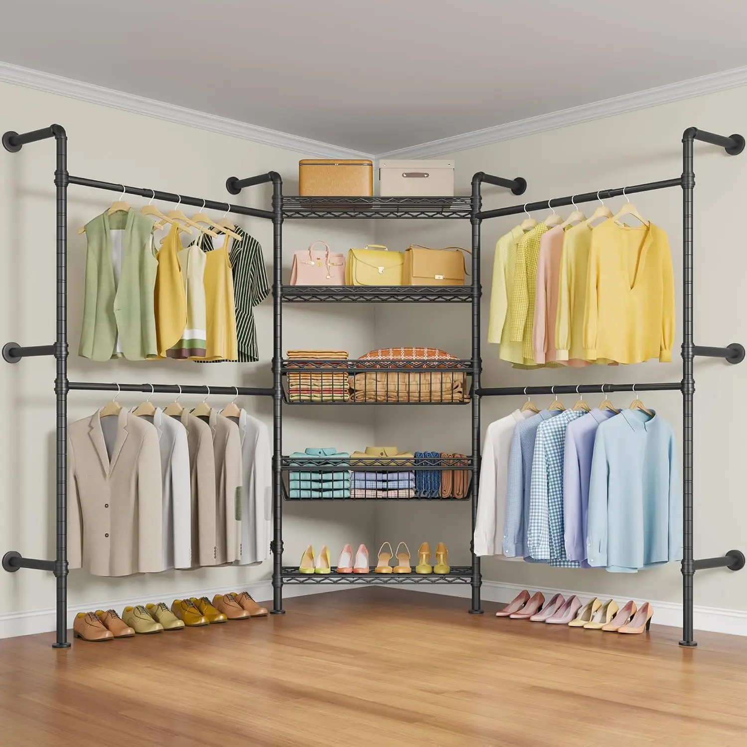 Timate X3I Expandable Clothes Rack Wall Mounted Closet System For Walk In Closet, Industrial Heavy Duty Clothing Rack With