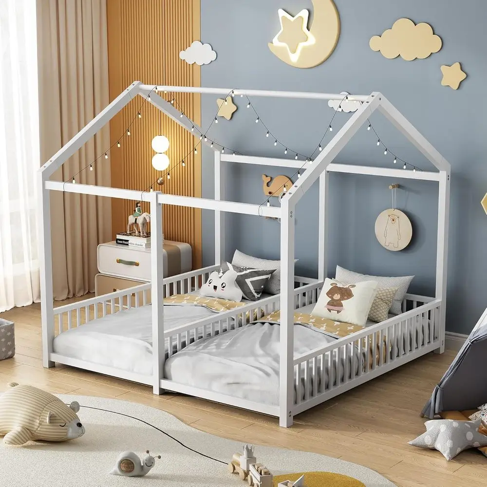 سرير مزدوج على الطراز مونتيسوري مع حاوية وسقف للاستخدام المشترك للأطفال والمراهقين والفتيان والفتيات، سهل التجميع، بدون صندوق Sp