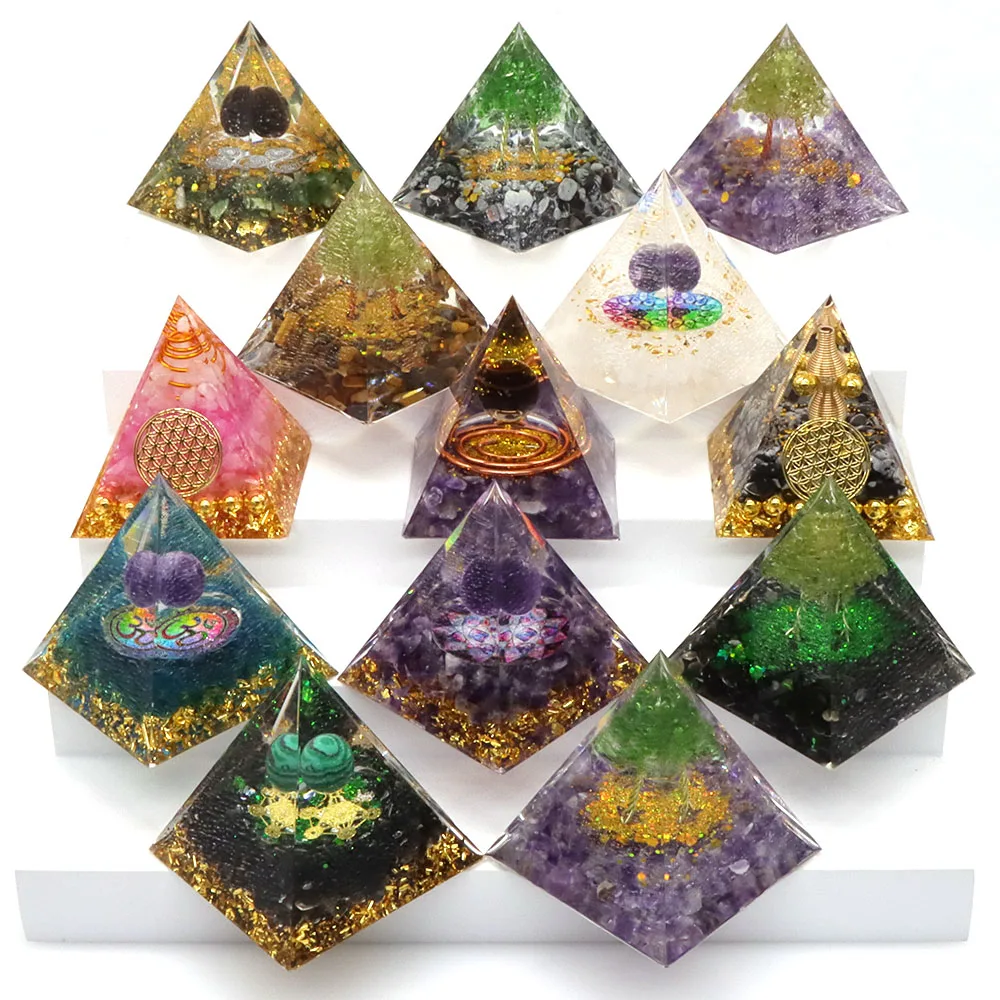 Pirámide de orgonita de energía, Bola de amatista Natural Reiki, cristales curativos, adornos de chakras, piedras de resina, regalo artesanal con