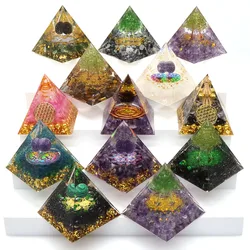 Pirámide de orgonita de energía, Bola de amatista Natural Reiki, cristales curativos, adornos de chakras, piedras de resina, regalo artesanal con caja, venta al por mayor