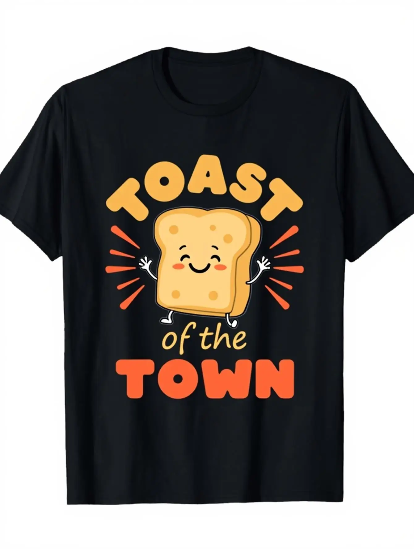 Funny Men's Black Graphic T-Shirt Smiling Toast Bread Cartoon Toast of the Town Bold Letter Print Bakery Humor Graphic 100% Cotton Heavyweight Short Sleeve Casual Streetwear Tee