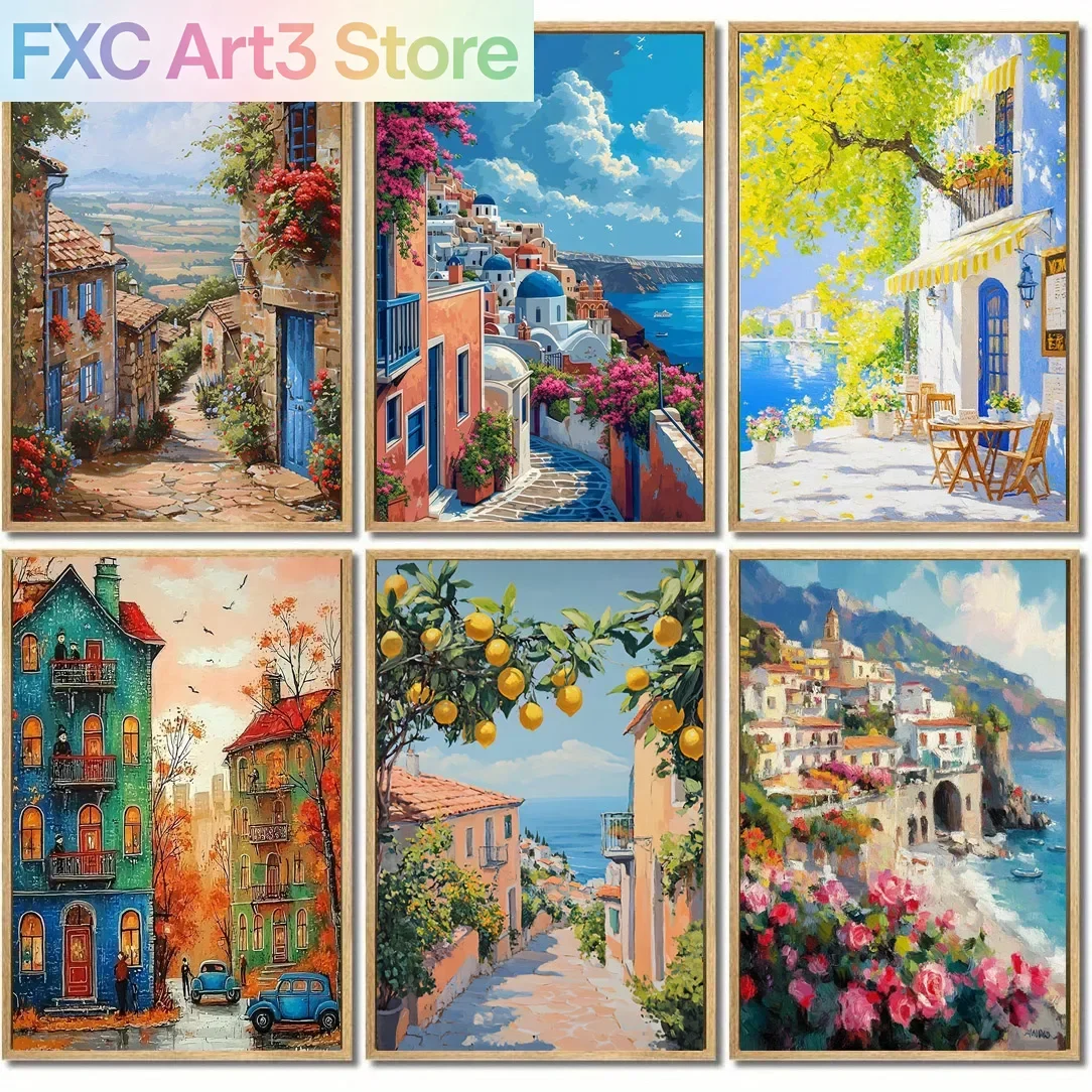 Frameless,1pc Colorful Coastal Cityscape Wall Art, Seaside Town Canvas Print, Wall Decor Art, Home Decor,Holiday Deco, Perfect G