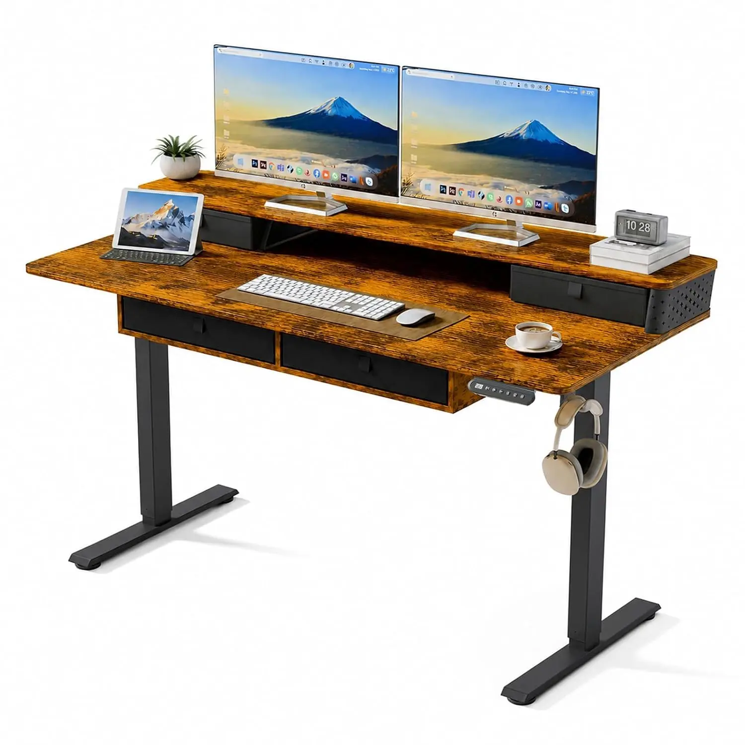 Electric Standing Desk With 4 Drawers, 55x24 Inch, Rustic Brown, Customized