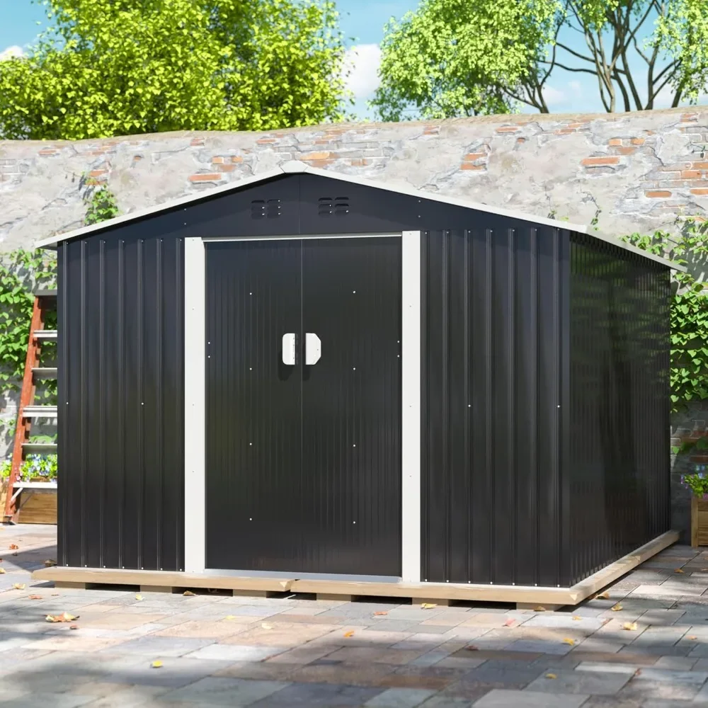 

9x10.5FT Outdoor Storage Shed, Galvanized Metal Storage Shed for Outdoor Garden Shed with 2 Sliding Lockable Doors