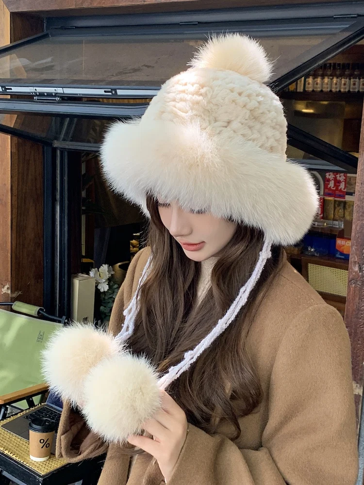 

2025 Winter Women Real Rex Rabbit Fur Hat Outdoor Warm Knitted Hat Girl Natural Fox Fur Ear cap bomber Russian cap