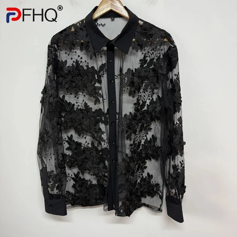 PFHQ المتخصصة قميص رجالي ثلاثي الأبعاد المطرزة الزهور بقماش شفاف تصميم 2025 موضة جديدة التلبيب قمصان طويلة الأكمام 21E7195