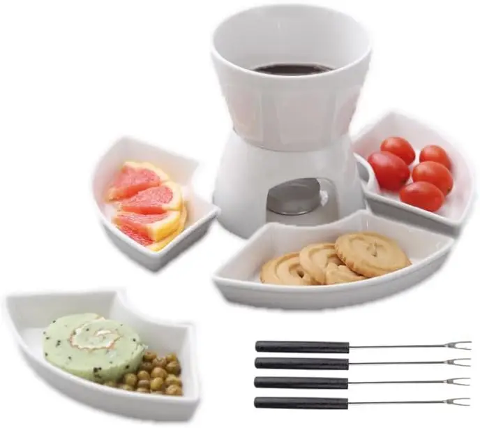 Keramik-Schokoladenfondue-Set aus Porzellan mit Gabeln für Indoor-Partys und Buffets, mit 4 Gabeln und 4 Schälchen für Käse, Schokolade, Butter, Karamell
