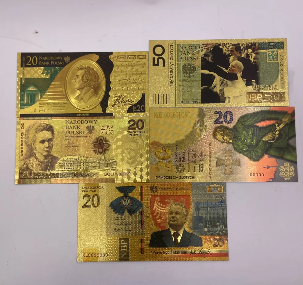 Poland 10 20 50 100 500 1000 Banknotes Colored Gold Foil Polish Banknote for Currency Crafts Colleciton and Gifts
