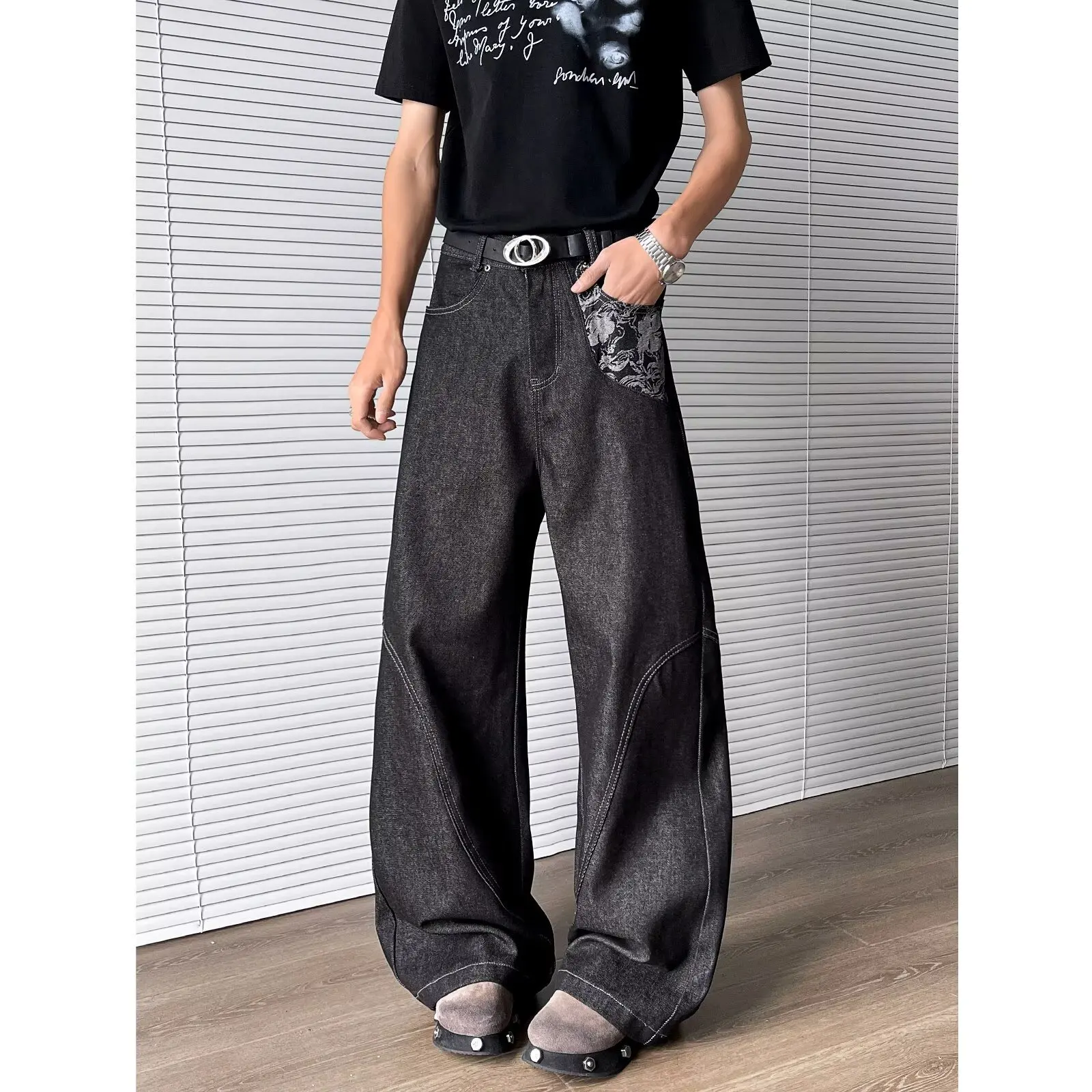 

Loose Pocket Casual Jeans Men's 2025 Summer American High Street Pants Jacquard Splicing Micro-pull Pants