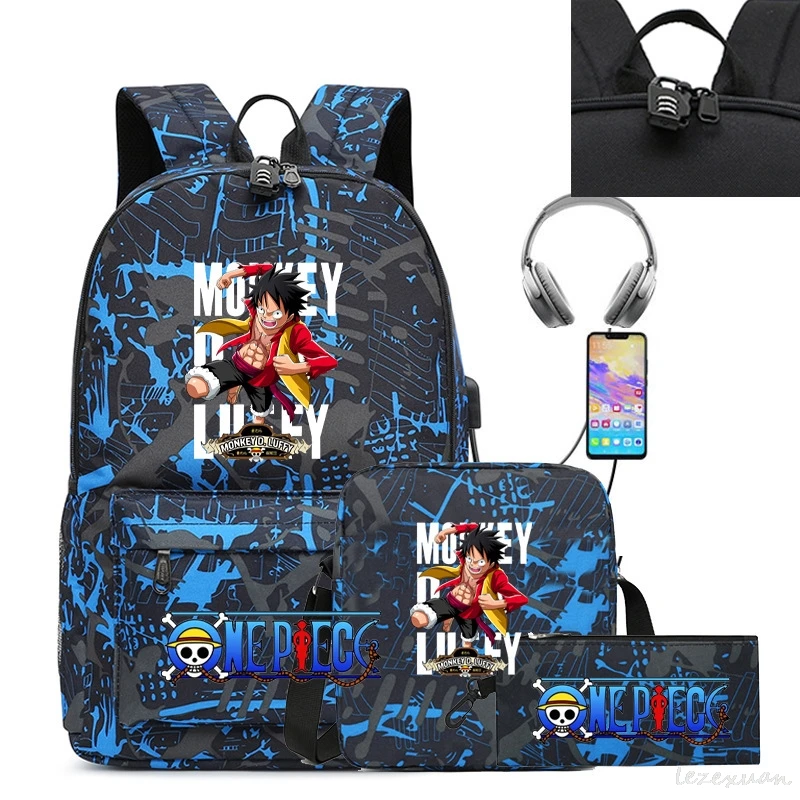 3PC-SET One Piece Luffy Schoolbag Recharged Backpack Student One Piece Backpack Boys Girls Anime Cartoon School Bag Mochila