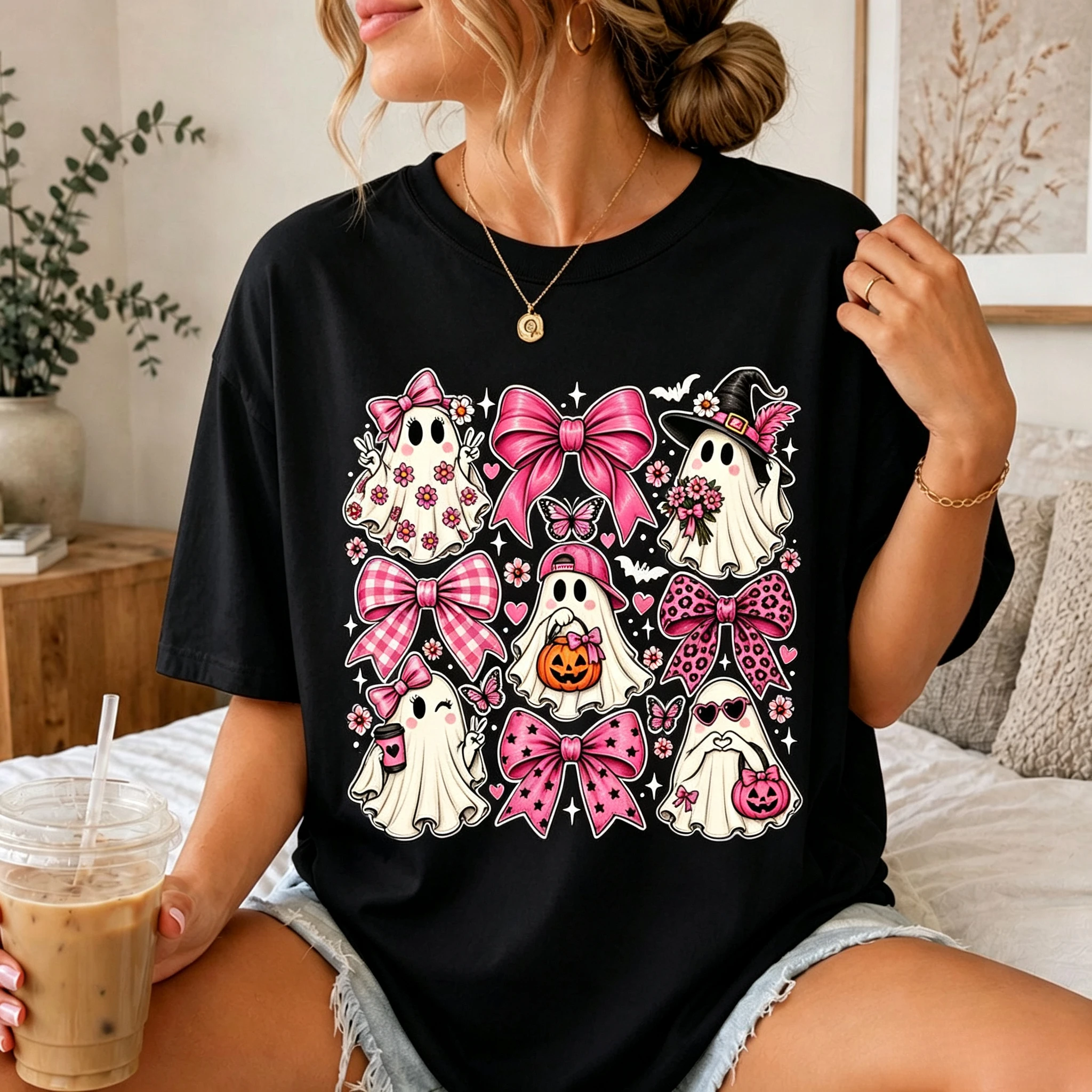 Trendy Pink Bow Ghost Collage Graphic Print Womens T Shirt Casual Short Sleeve Top for Halloween Spooky Season Street Daily Wear