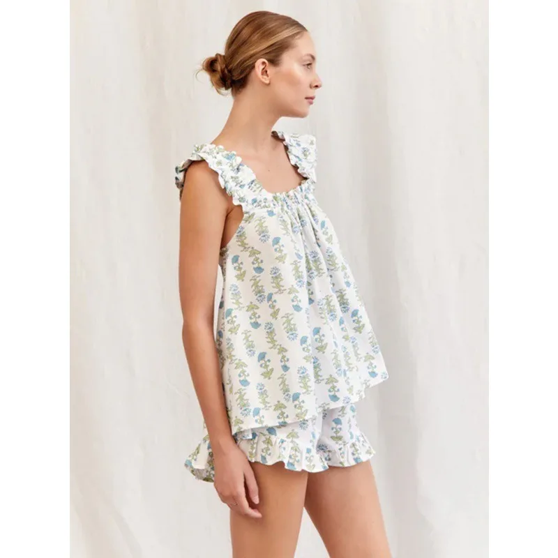 New Summer Women's Clothing Set Sweet Floral Ruffle Edge Square Neck Vest and Shorts Inspired By European American Fashion