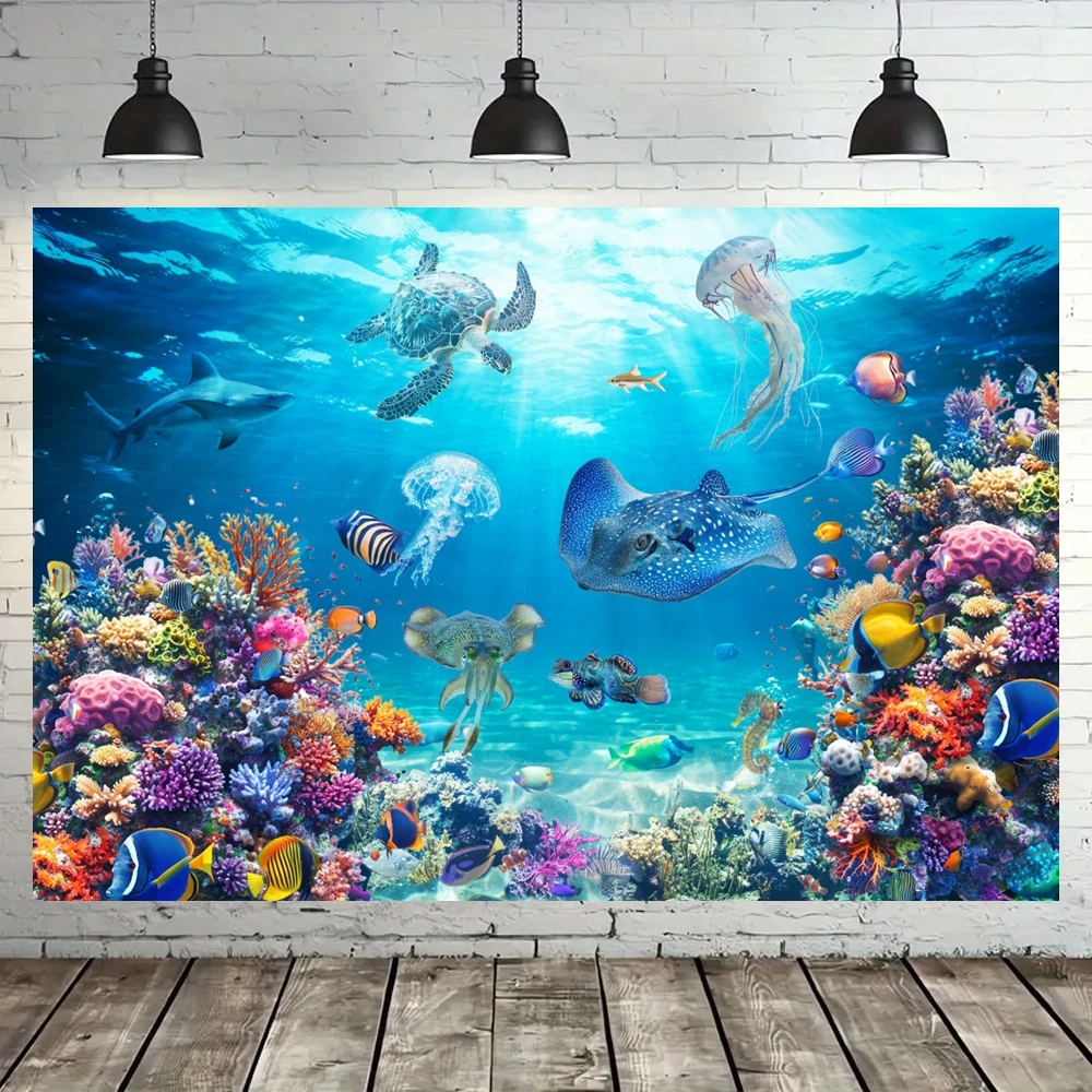 Underwater World Backdrop Dolphin Coral Seaweed Seabed Aquarium Theme Children Birthday Party Decor Photography Banner Props