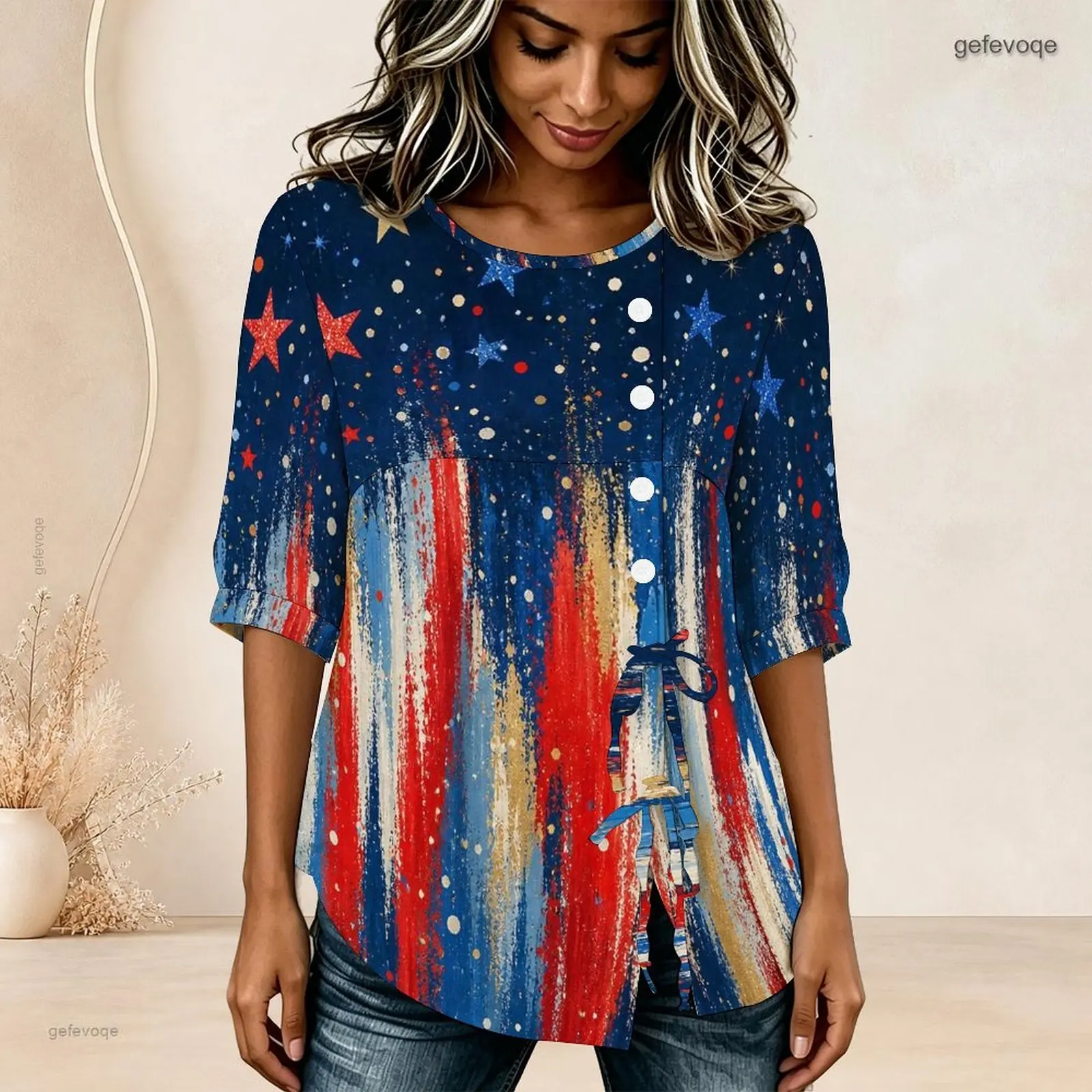 Women Printed Blouse Round Neck Half Sleeve Gathered Front Button Detail Tie Hem